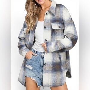 Beaully Oversized Plaid Shacket Blue‎ Cream Cozy Fall Shirt Jacket Large